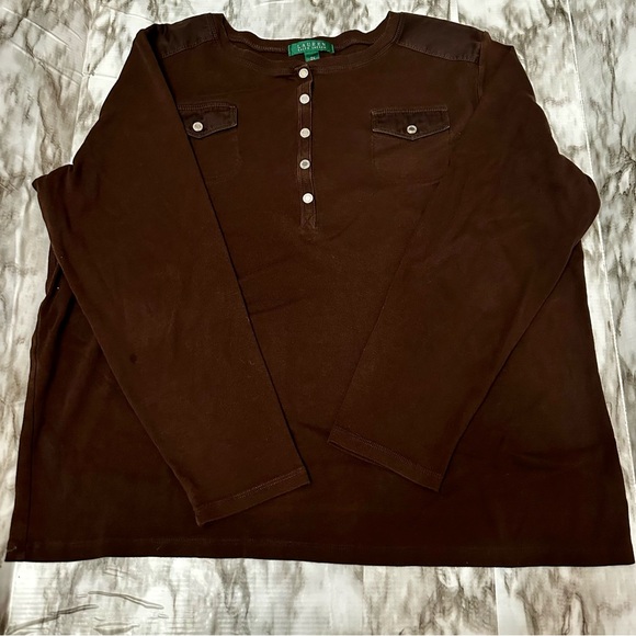Lauren Ralph Lauren Chocolate Brown Y2K Small Pocket Plus Size Button Up Henley - Picture 2 of 9